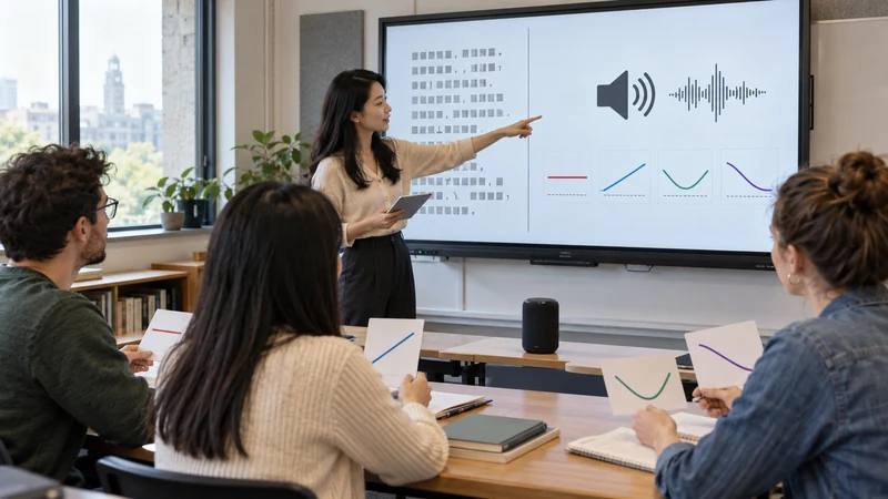 A university phonetics class comparing written symbols, audio waves, and four tone contours