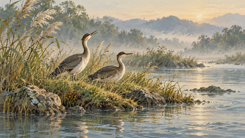 An interpretive ink-and-colour scene of two waterbirds near a small river islet and reeds