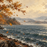 An interpretive autumn lakeside scene with wind-blown trees, falling leaves and waves on broad water