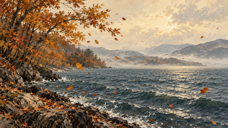 An interpretive autumn lakeside scene with wind-blown trees, falling leaves and waves on broad water