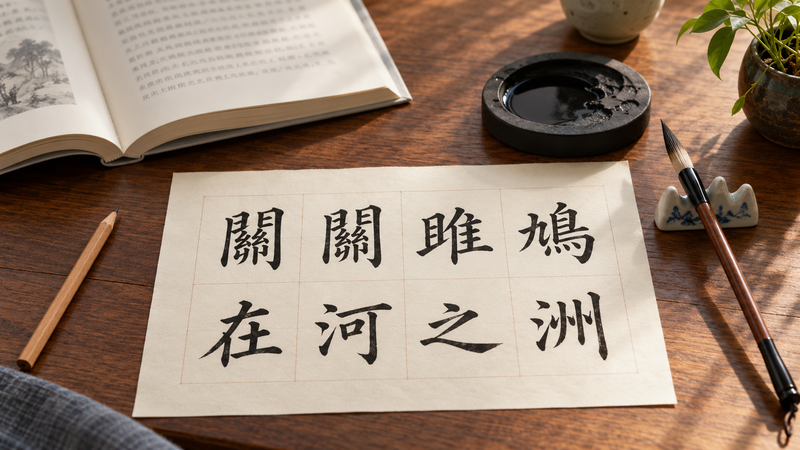 A modern practice sheet with 關關雎鳩 and 在河之洲 beside a brush, inkstone and an open reference book