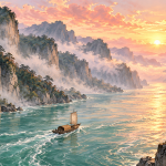 A small wooden boat moving between high river cliffs beneath morning clouds