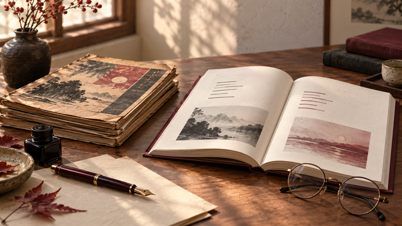 A modern Chinese poetry reading desk with an old journal, fountain pen and open bilingual book