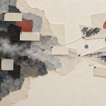 An abstract editorial wall mapping Misty and post-Misty Chinese poetry with layered paper and ink