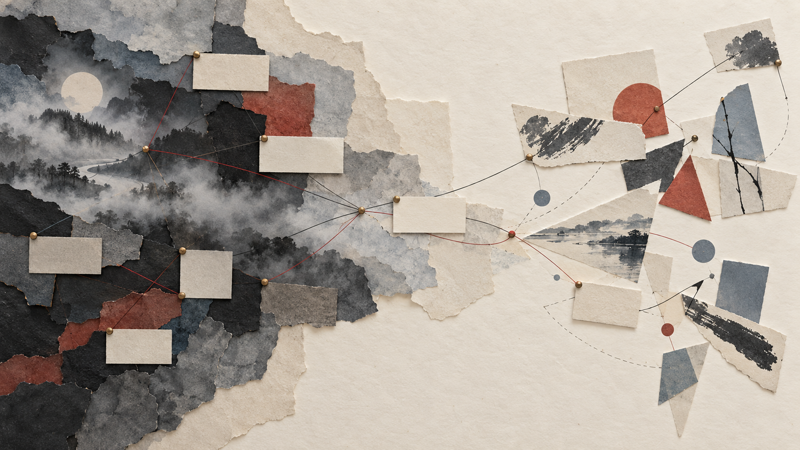 An abstract editorial wall mapping Misty and post-Misty Chinese poetry with layered paper and ink