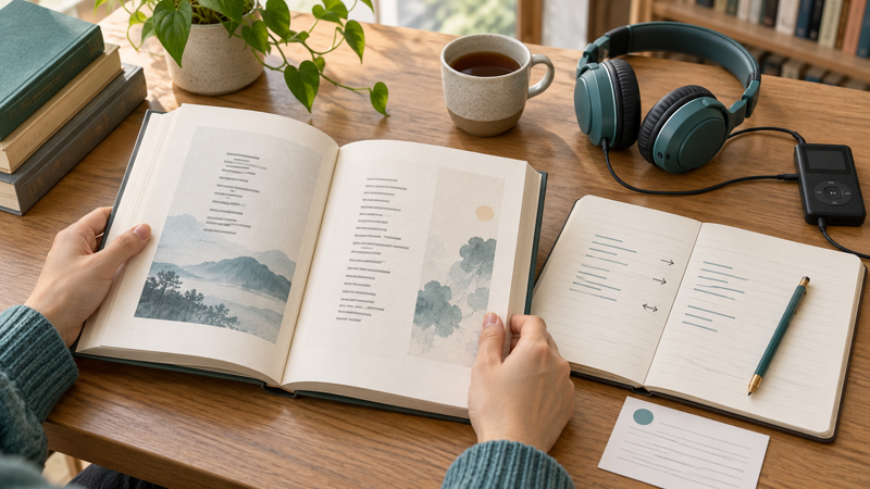 A contemporary reader comparing a Chinese poetry book with notes and an audio recording