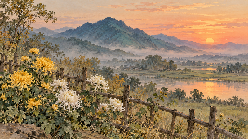 Chrysanthemums beside a simple eastern fence with a distant mountain in evening light