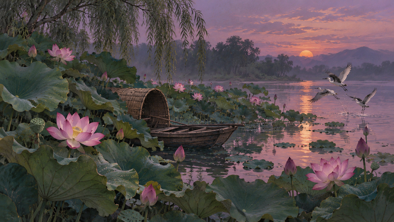 A small wooden boat among dense lotus blossoms at dusk with birds rising nearby